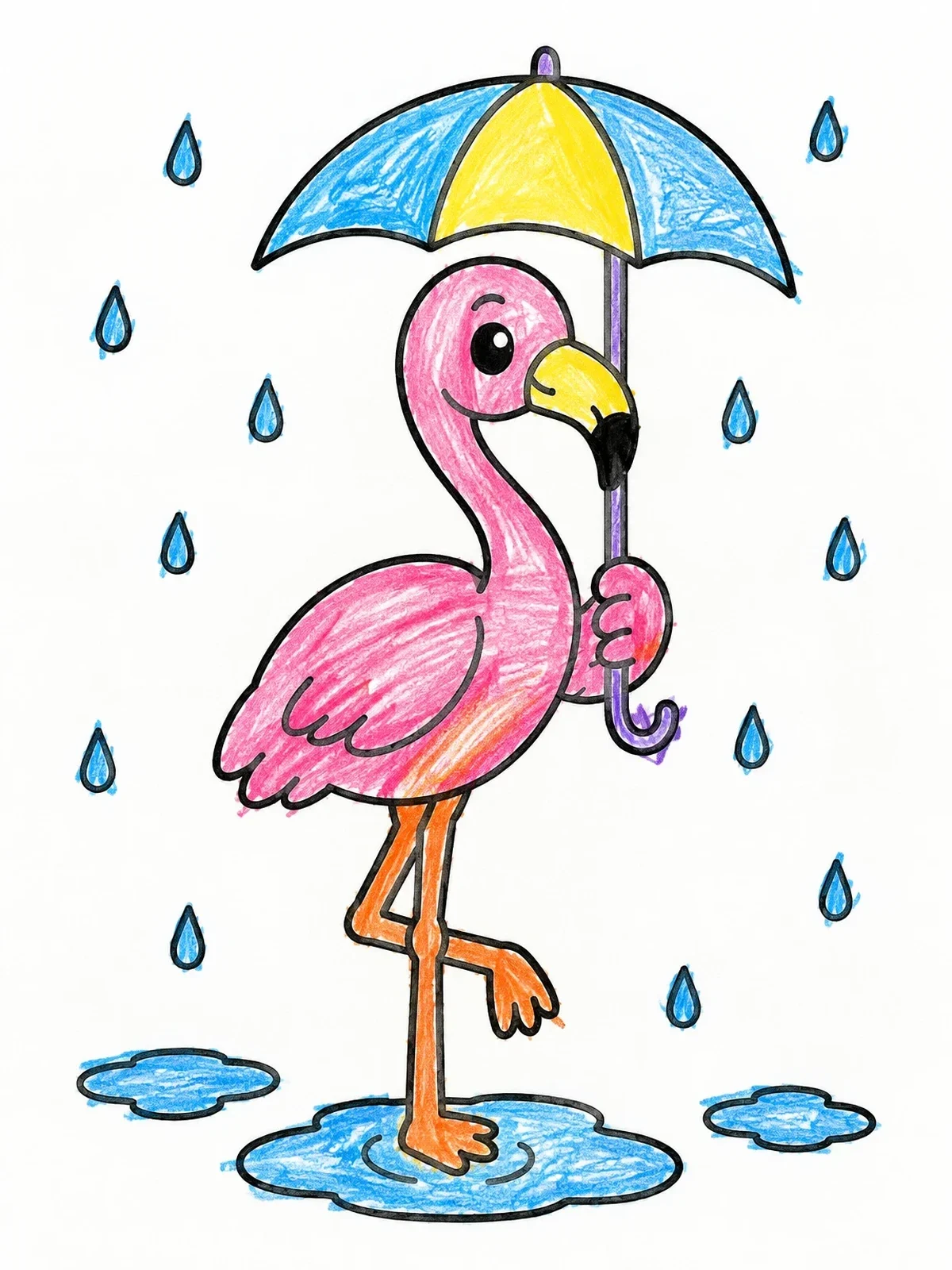 Colored example of the Cute Flamingo With Umbrella In Rain coloring page