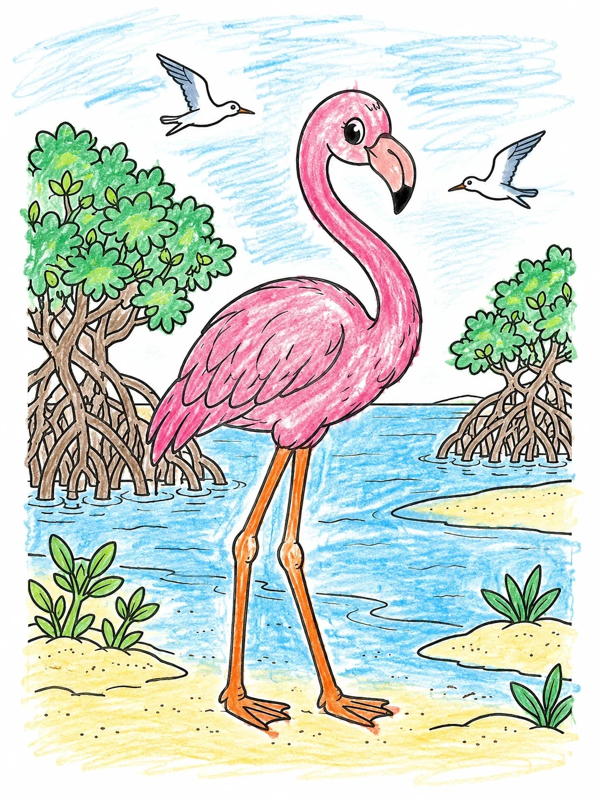 Colored example of the Cute Flamingo In Mangrove Shoreline coloring page
