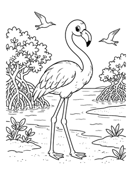 Free printable Cute Flamingo In Mangrove Shoreline coloring page