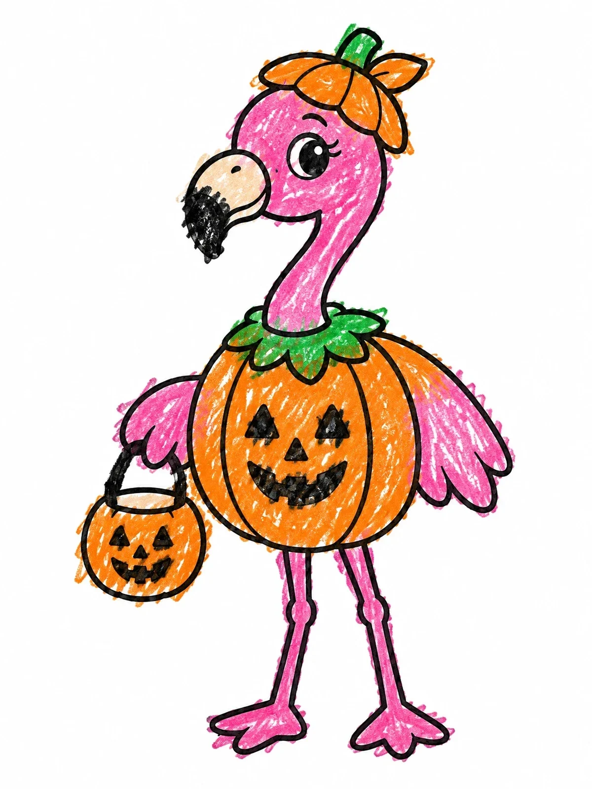 Colored example of the Cute Flamingo In Pumpkin Halloween Costume coloring page