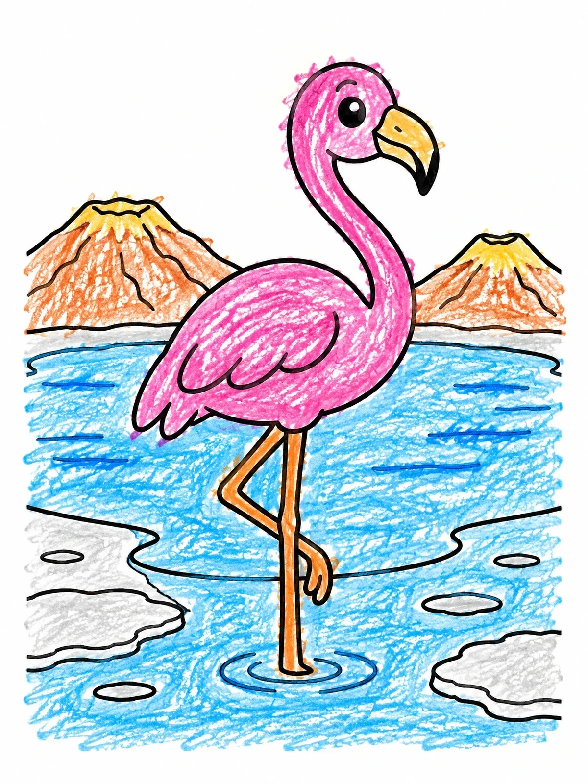 Colored example of the Cute Flamingo At The Salt Lake coloring page