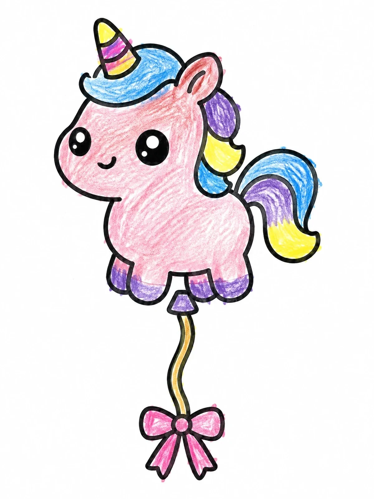 Colored example of the Cute Floating Unicorn Balloon coloring page