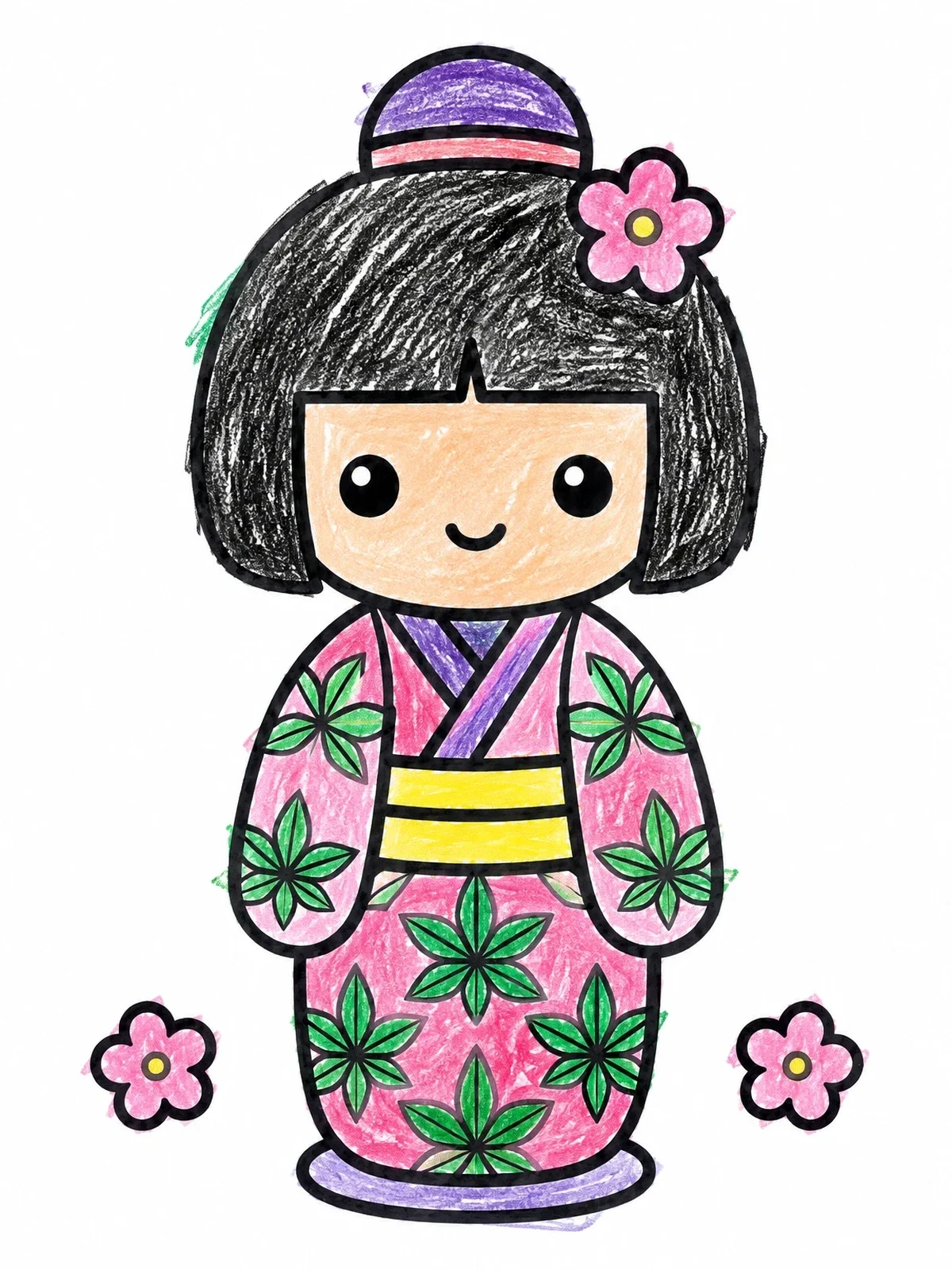 Colored example of the Cute Floral Kokeshi Doll coloring page
