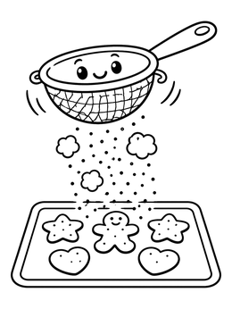 A happy sieve shakes dust over cookies in this flour coloring page.