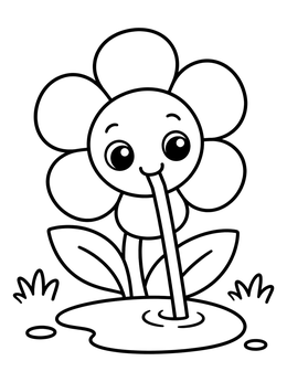 Free printable Cute Flower Drinking From Puddle coloring page