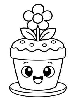 A cheerful cartoon flower pot cake coloring page with a blooming blossom.