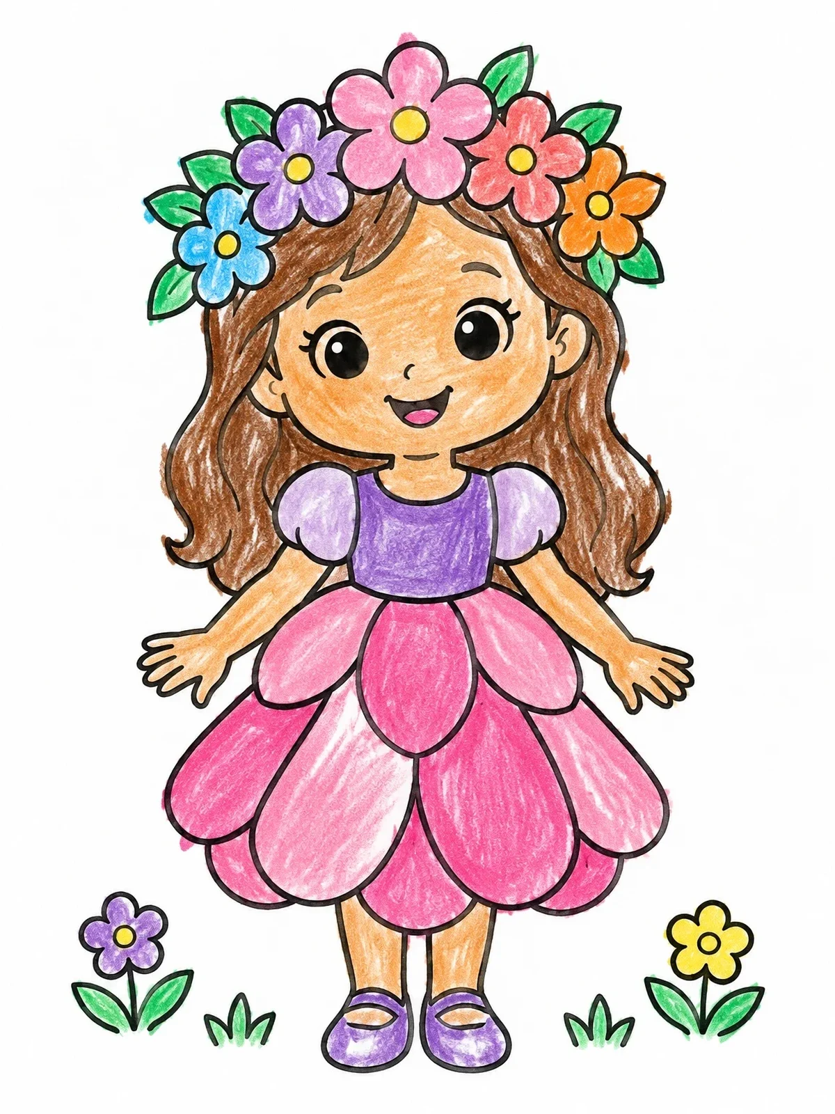 Colored example of the Cute Flower Princess With Crown coloring page