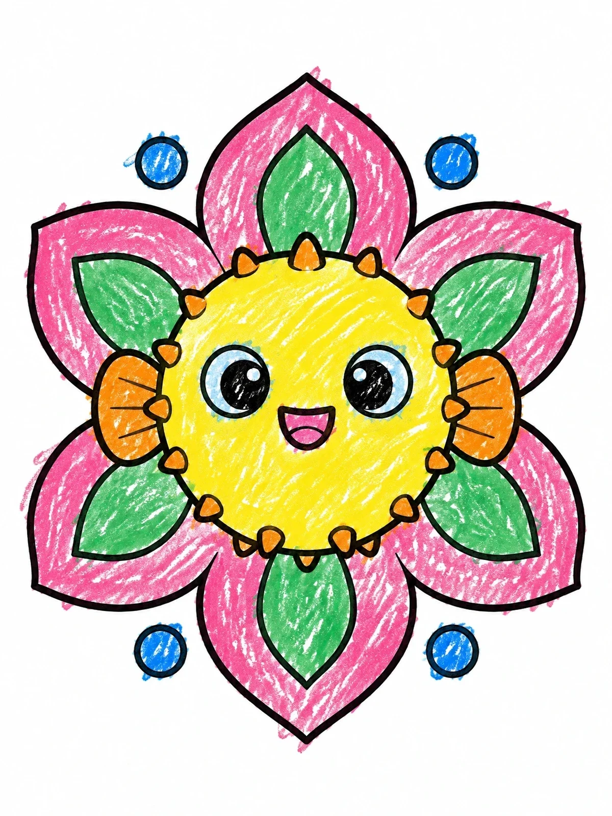Colored example of the Cute Flower Puffer Fish Mandala coloring page