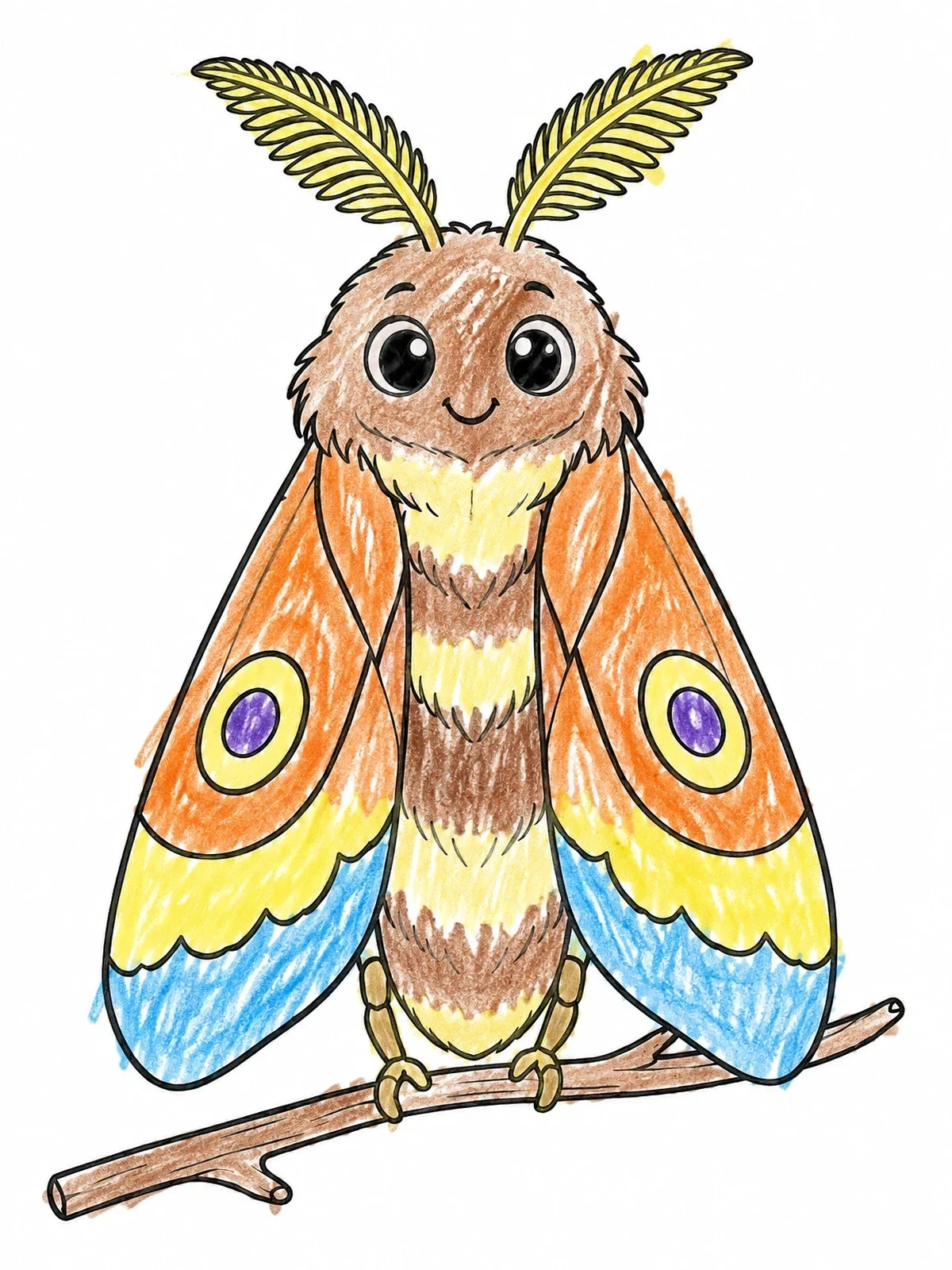 Colored example of the Cute Fluffy Moth On Branch coloring page