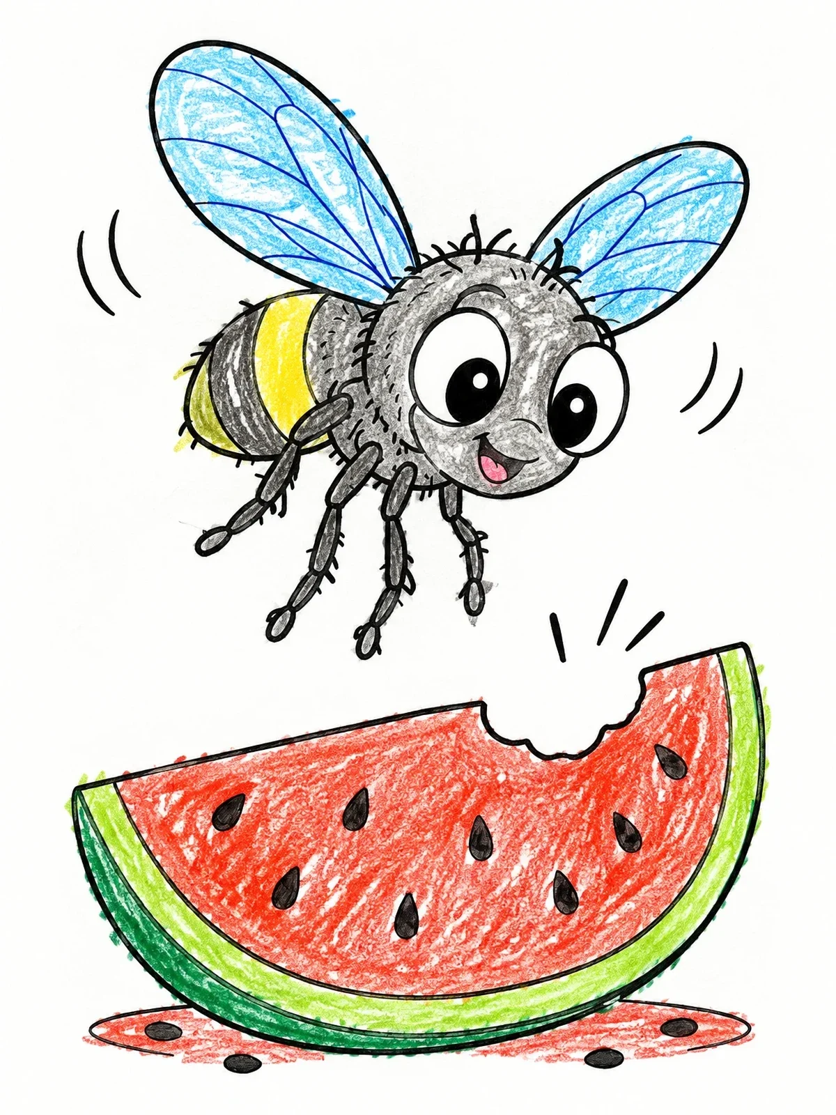 Colored example of the Cute Fly And Watermelon Slice coloring page
