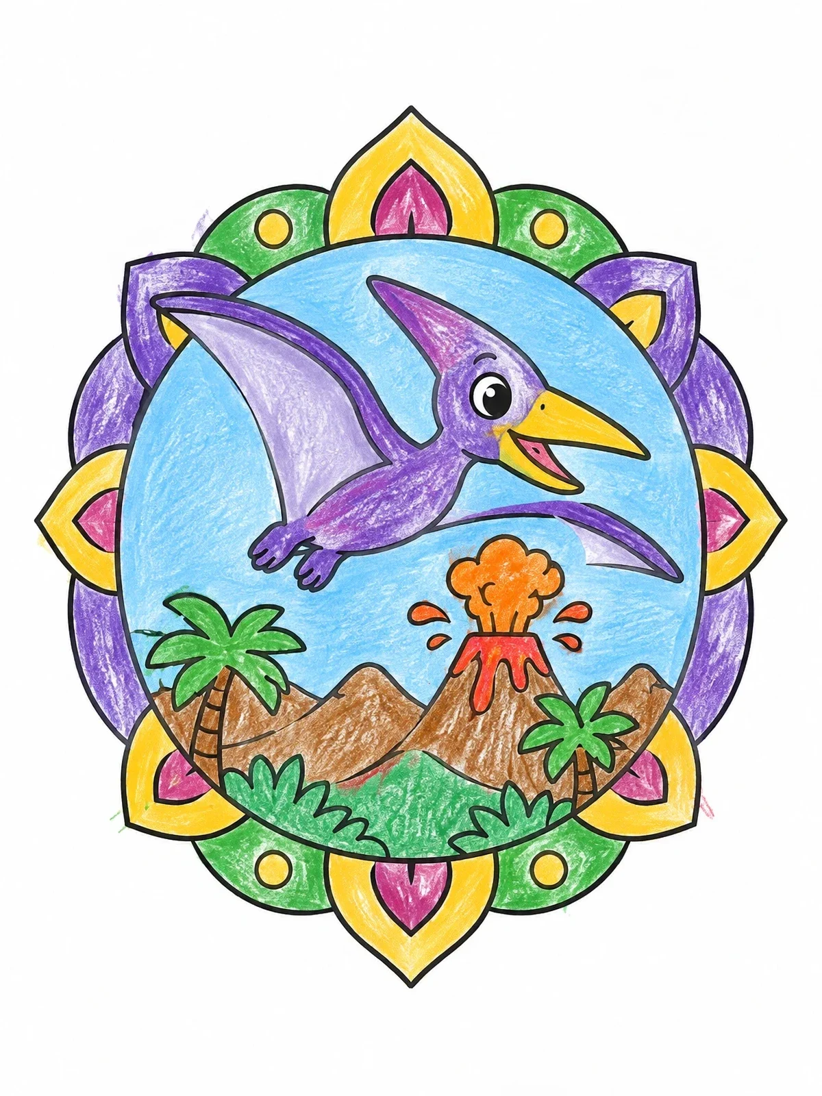 Colored example of the Cute Flying Pterodactyl Mandala coloring page
