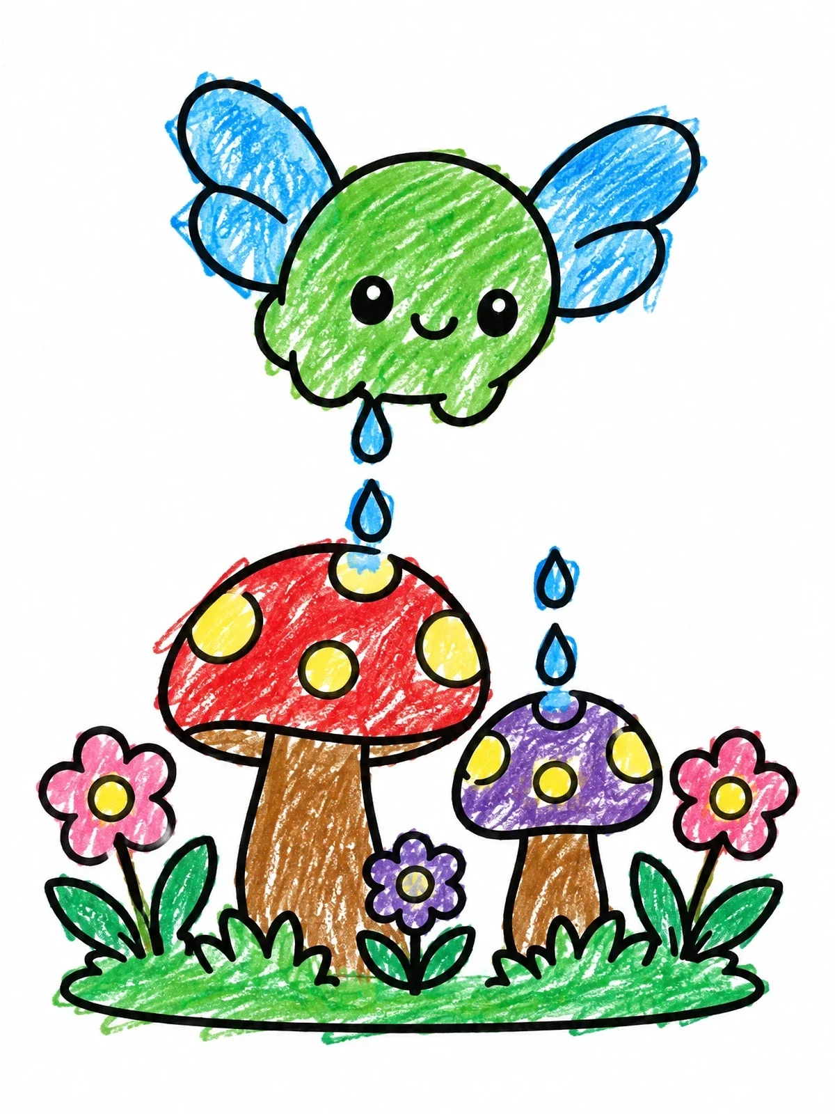 Colored example of the Cute Flying Slime Over Mushrooms coloring page