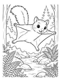 A cute flying squirrel gliding above a forest stream on this squirrel coloring page.
