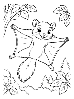 A cheerful squirrel coloring page featuring a flying squirrel gliding across a forest.