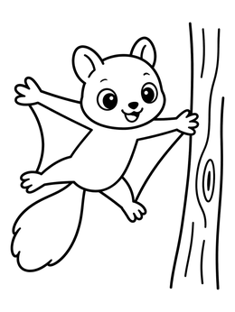 A happy flying squirrel coloring page gliding toward a tree trunk.