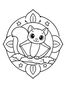 A cute squirrel coloring page featuring a flying squirrel inside a decorative circular frame.