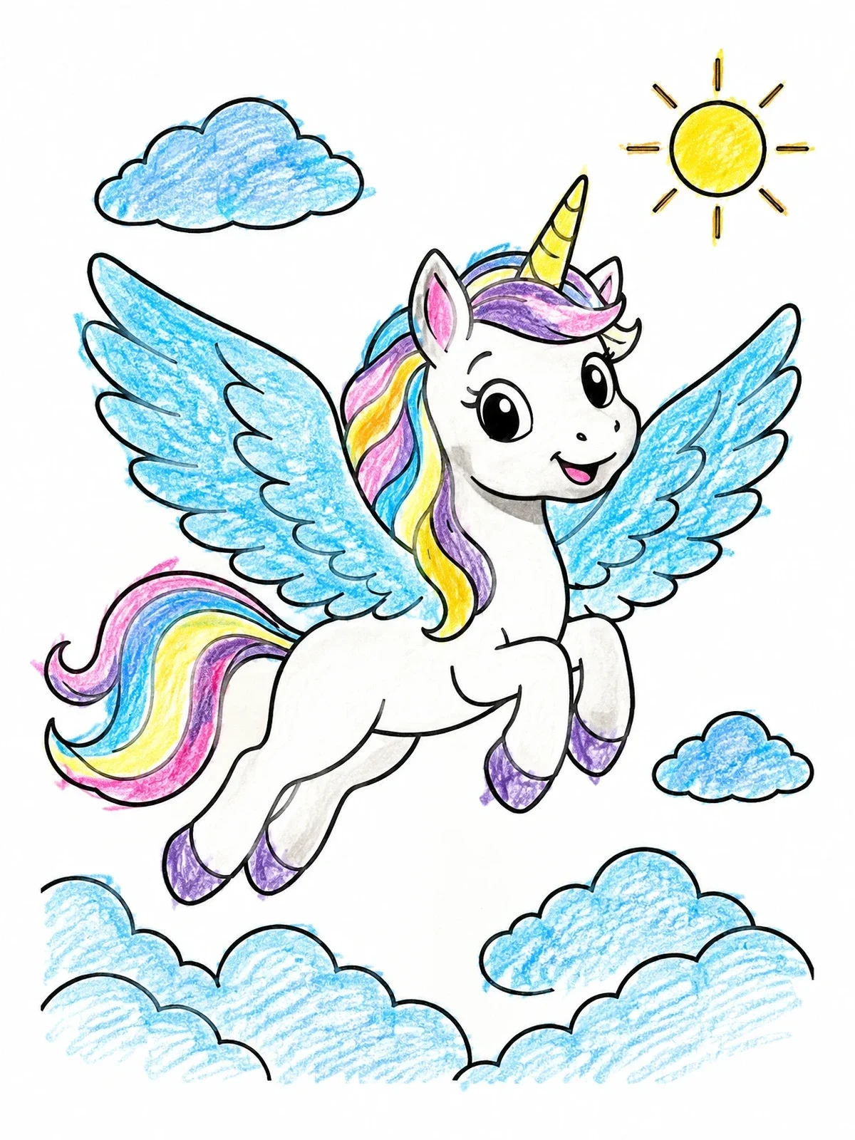 Colored example of the Cute Flying Unicorn In Clouds coloring page