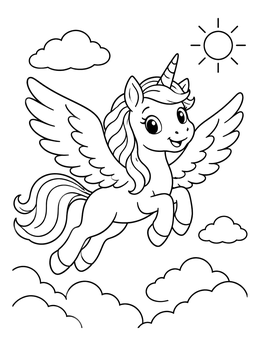 A cheerful unicorn coloring page featuring a winged pony flying above fluffy clouds and the sun.