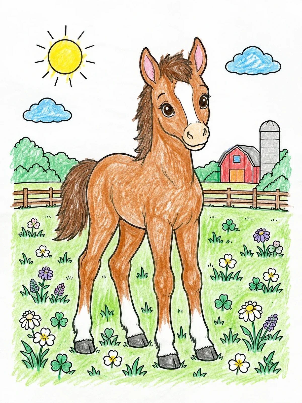 Colored example of the Cute Foal In Clover Meadow coloring page