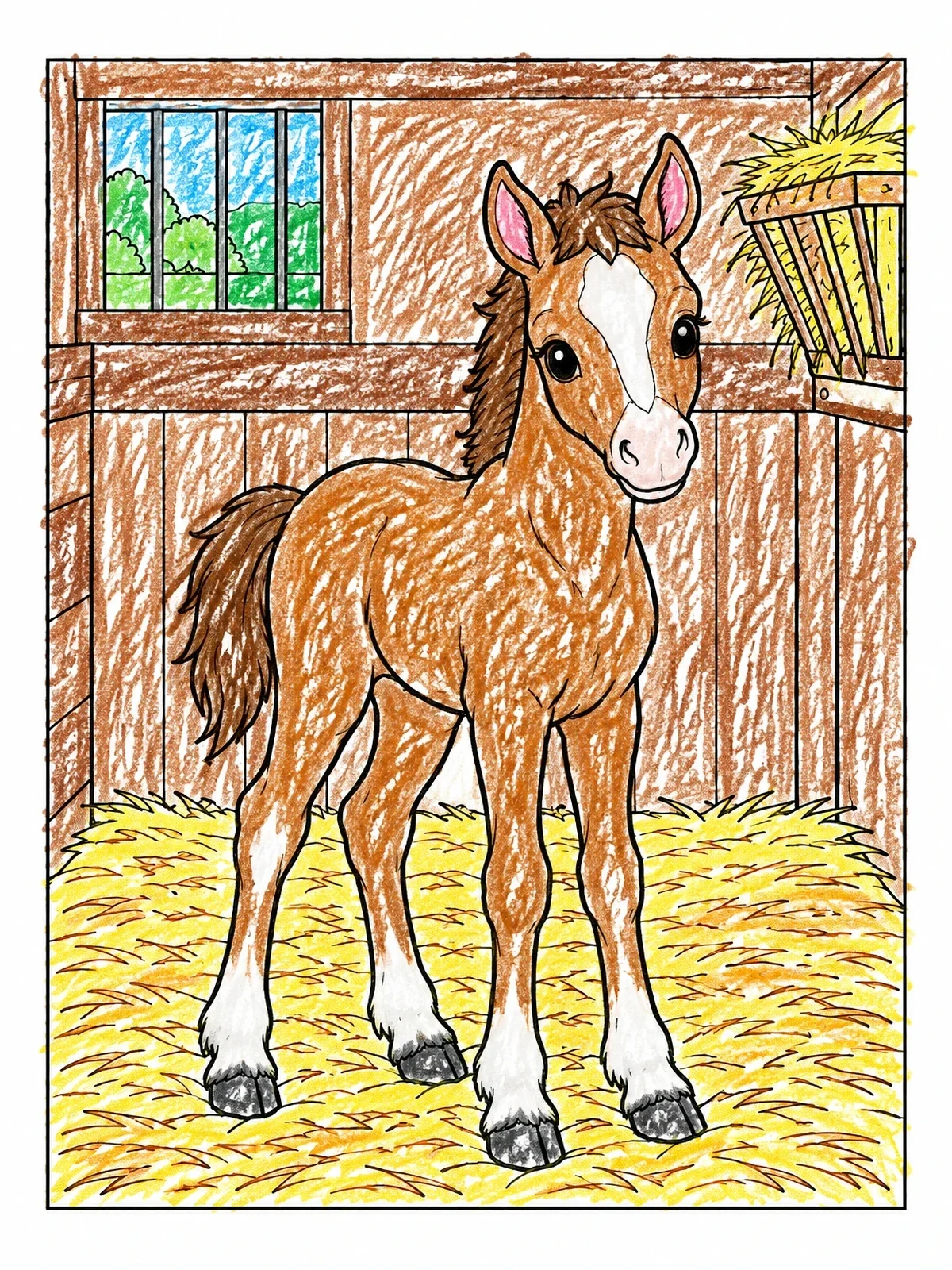 Colored example of the Cute Foal In Cozy Stable coloring page