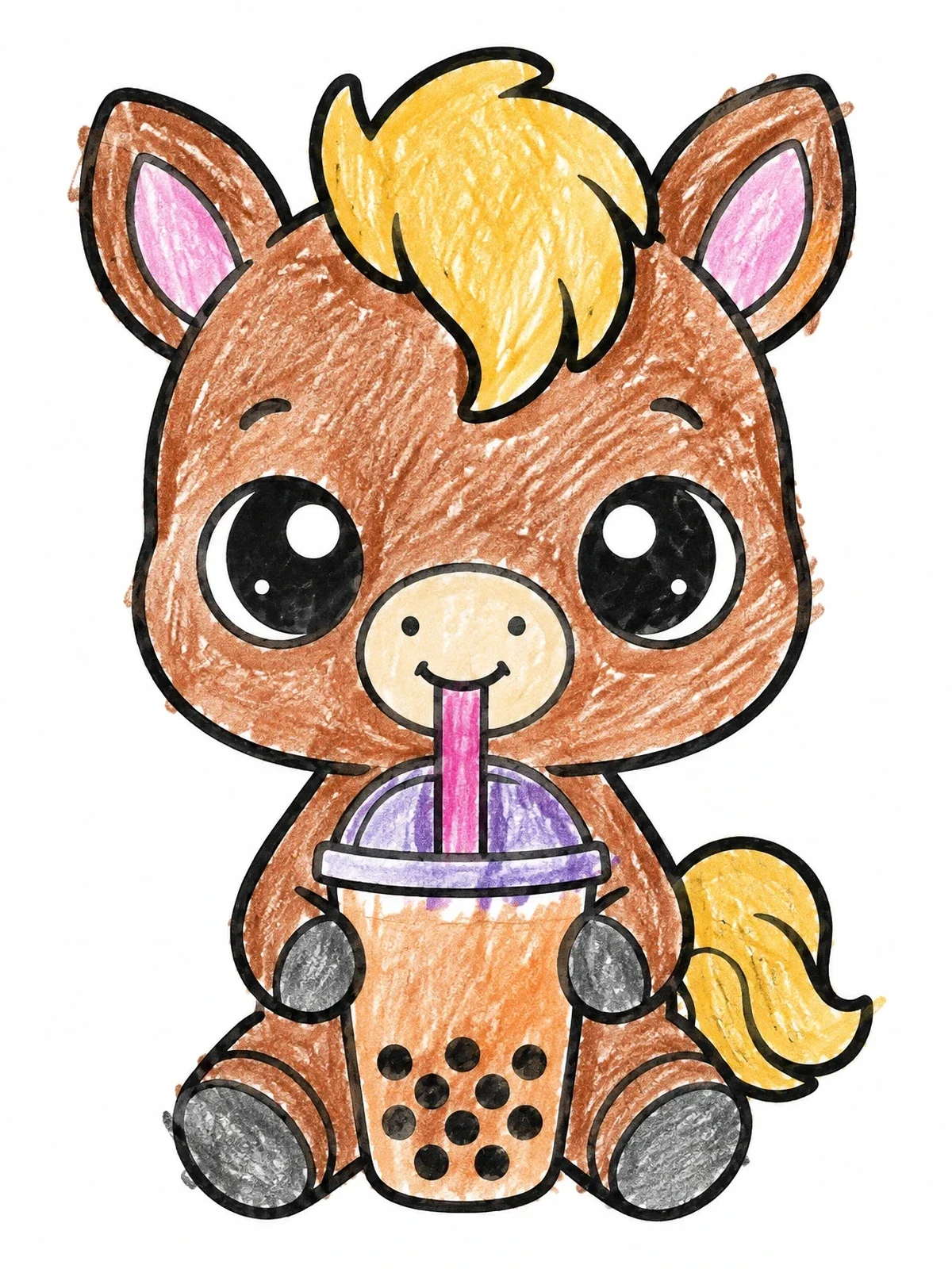 Colored example of the Cute Foal Drinking Boba Tea coloring page