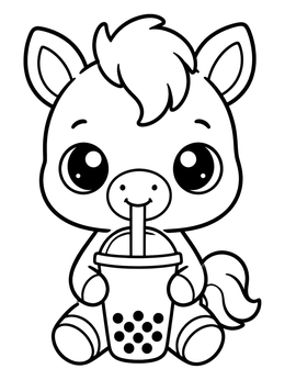 Free printable Cute Foal Drinking Boba Tea coloring page