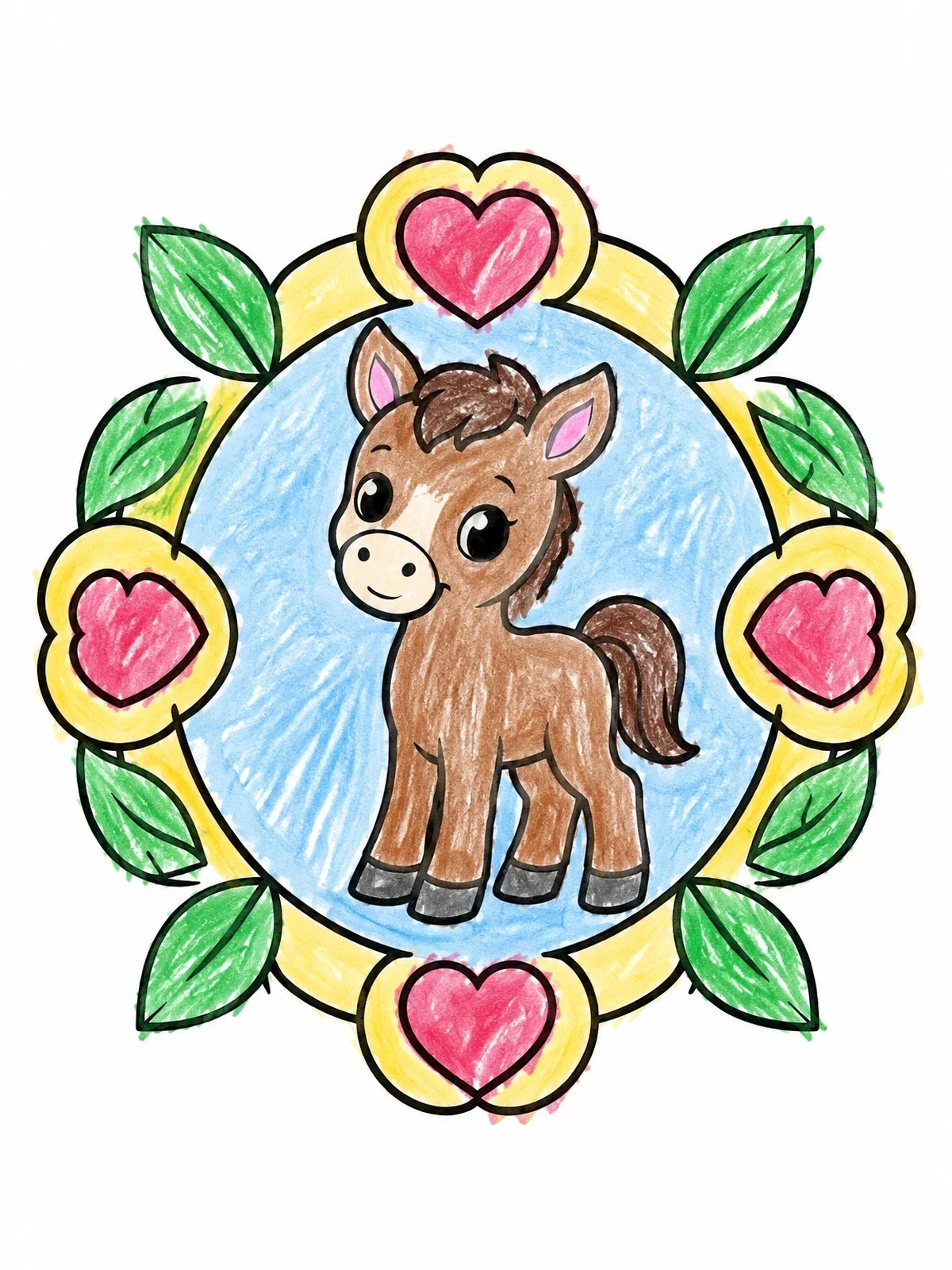 Colored example of the Cute Foal In Heart Wreath coloring page