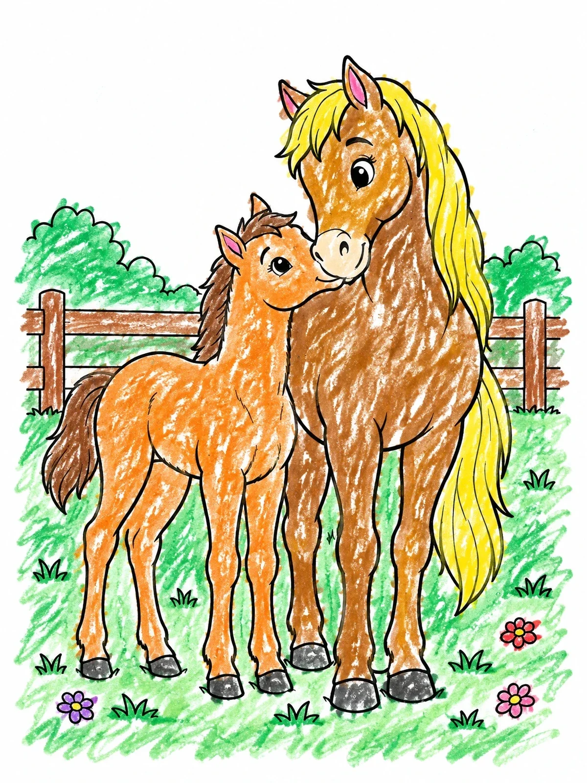 Colored example of the Cute Foal Nuzzling Its Mother coloring page