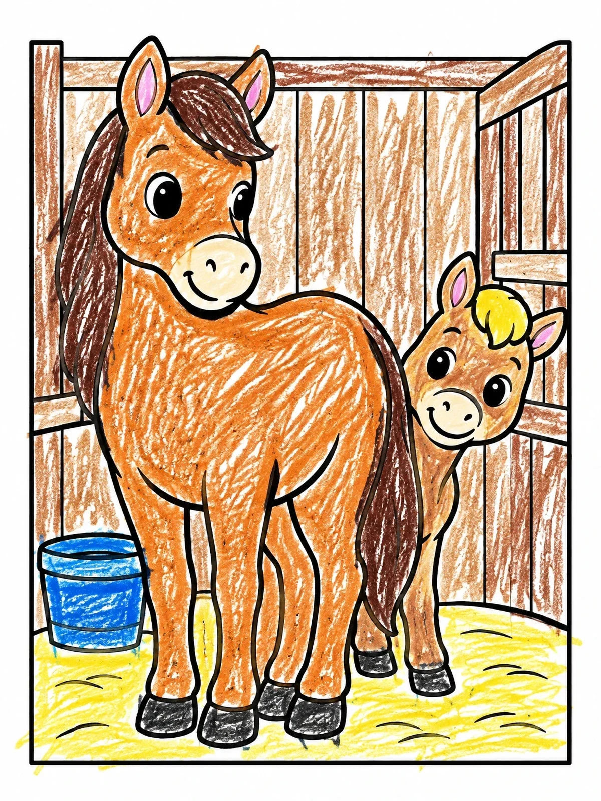 Colored example of the Playful Foal Peeking Behind Mother Horse coloring page