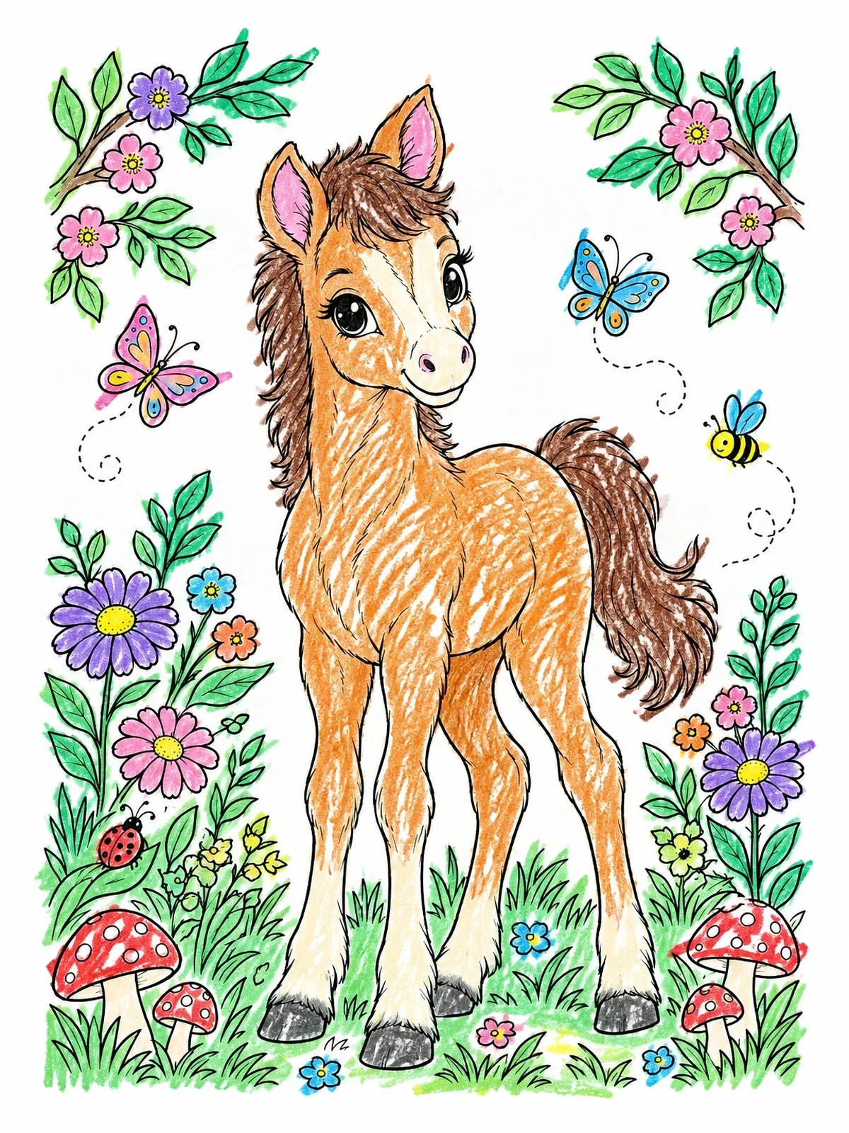 Colored example of the Cute Foal In A Meadow coloring page