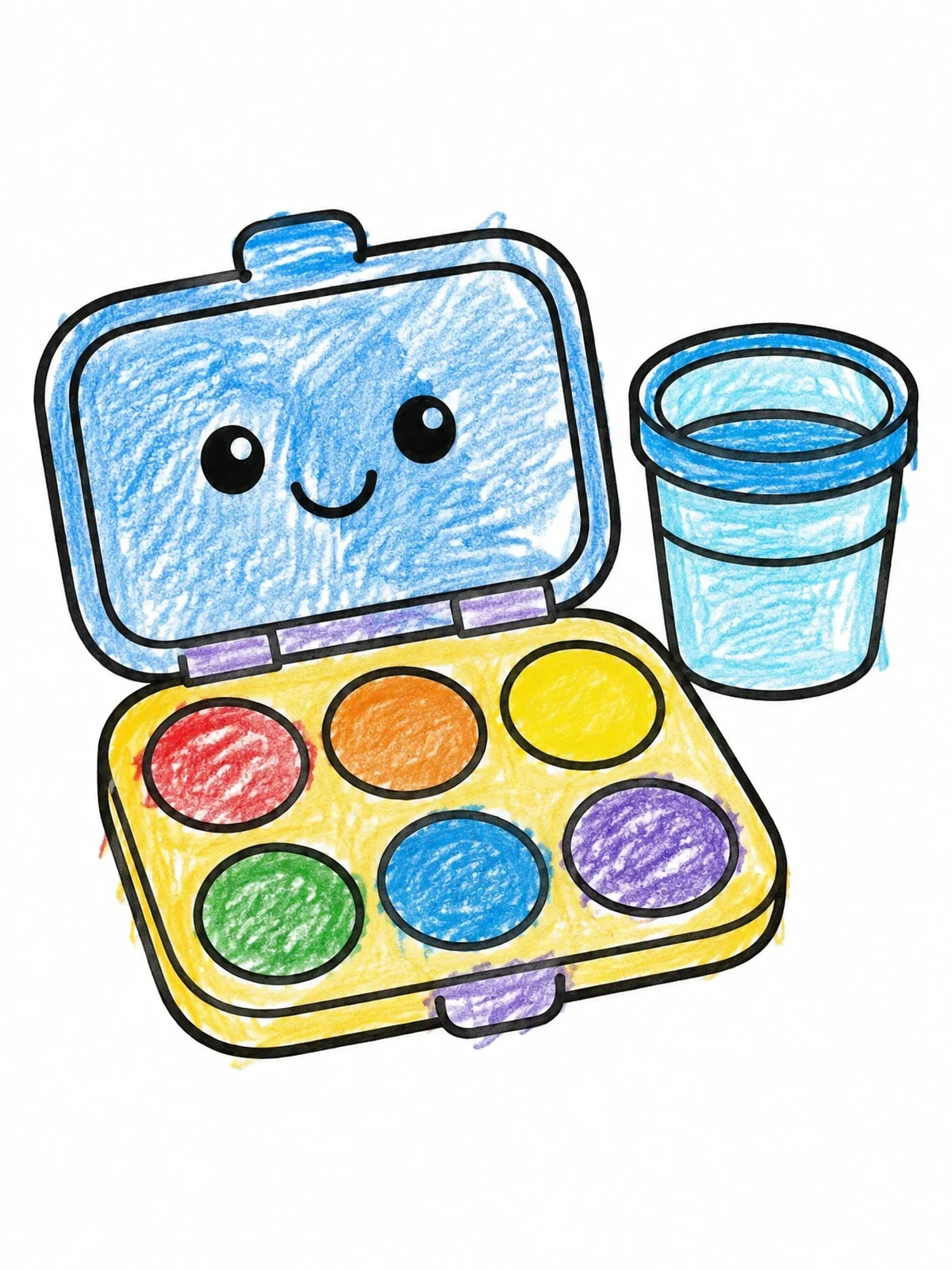 Colored example of the Cute Folding Paint Box With Cup coloring page