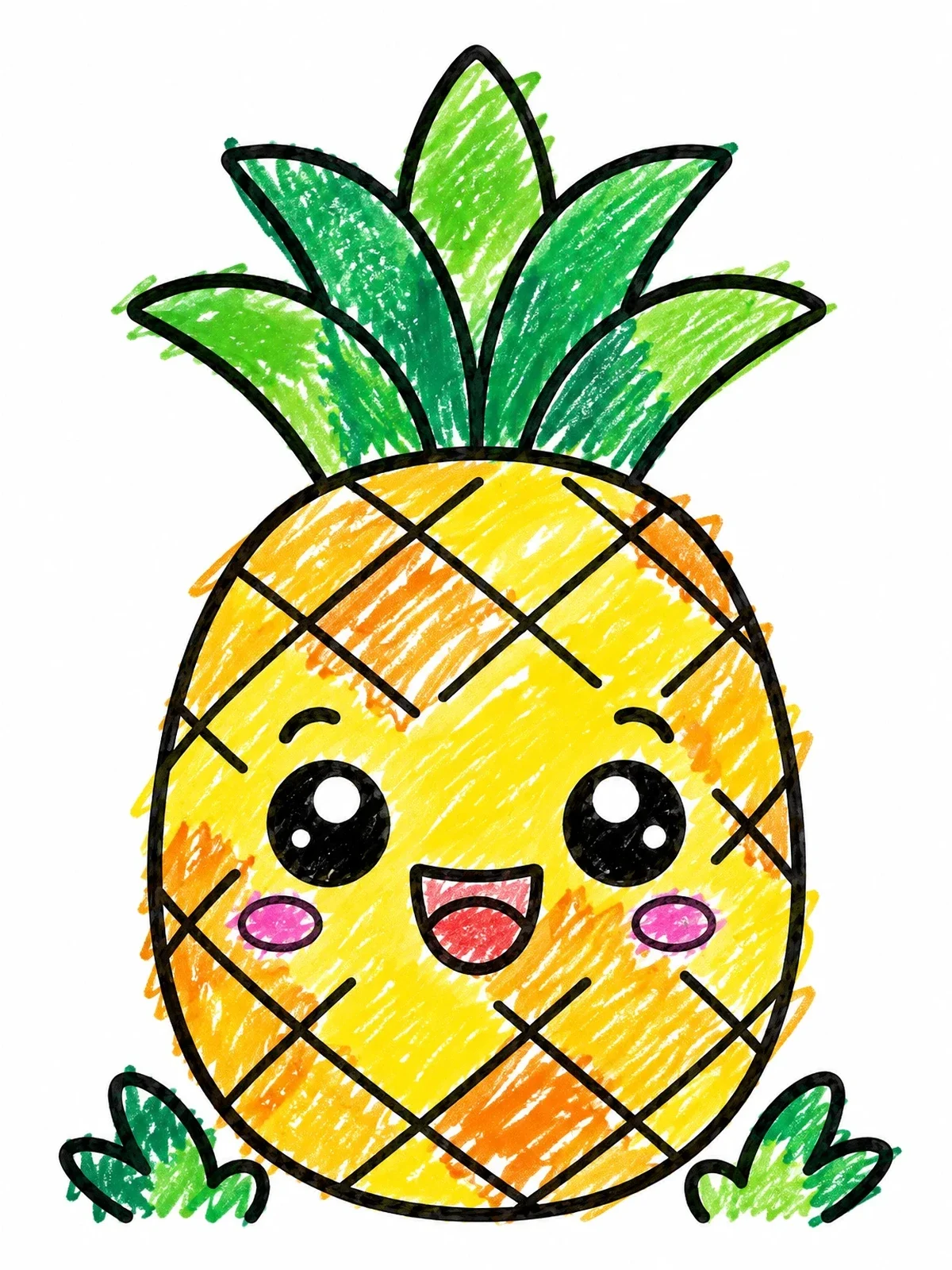 Colored example of the Cheerful Cartoon Pineapple With Face coloring page