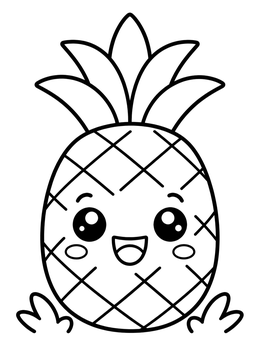 A cute food coloring page showing a happy smiling pineapple with big sparkly eyes.