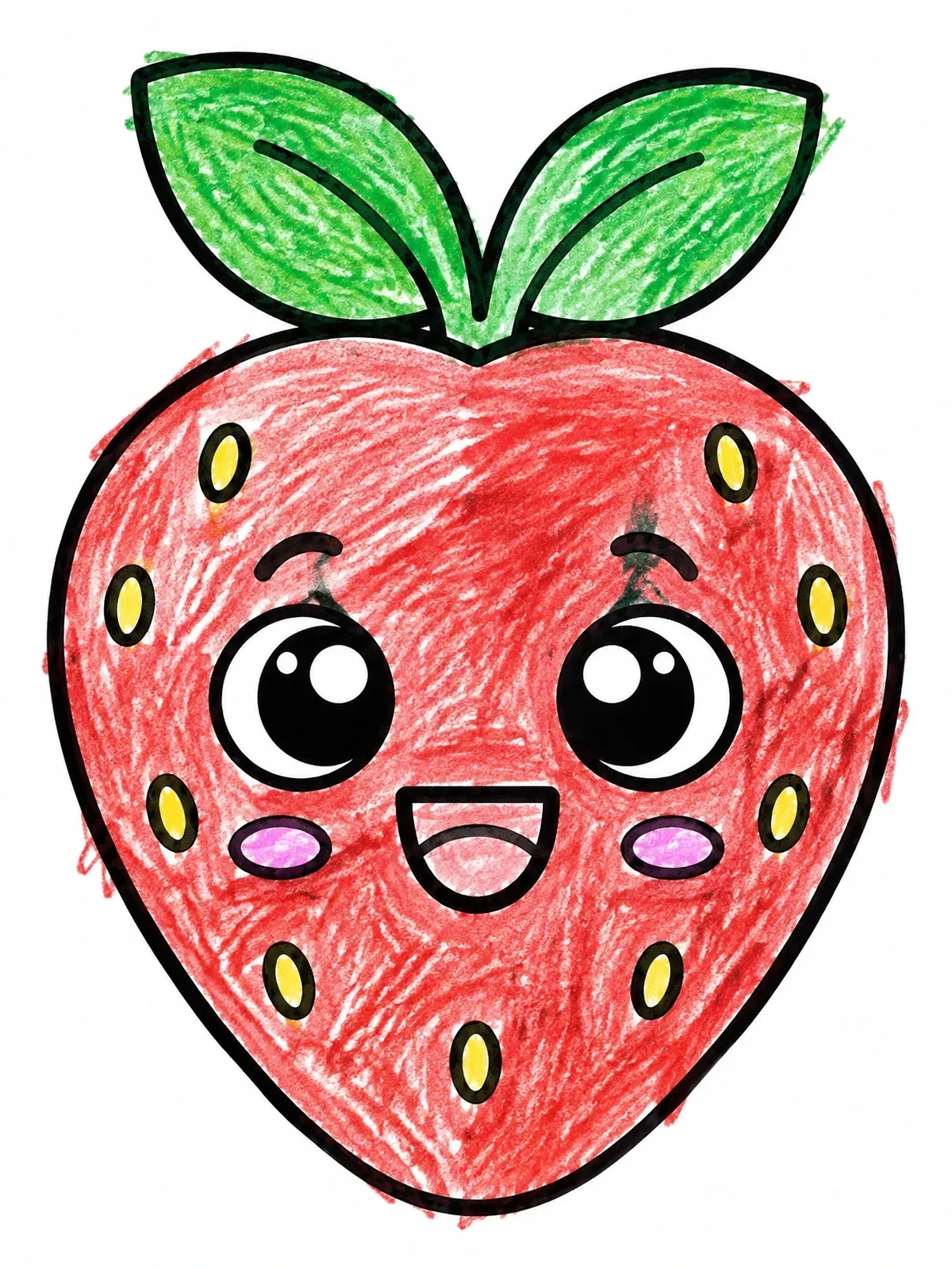 Colored example of the Cheerful Cartoon Strawberry With Leaves coloring page
