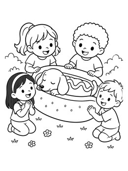 A cute food coloring page of cheerful children gathered around a sleeping puppy inside a hot dog bun.