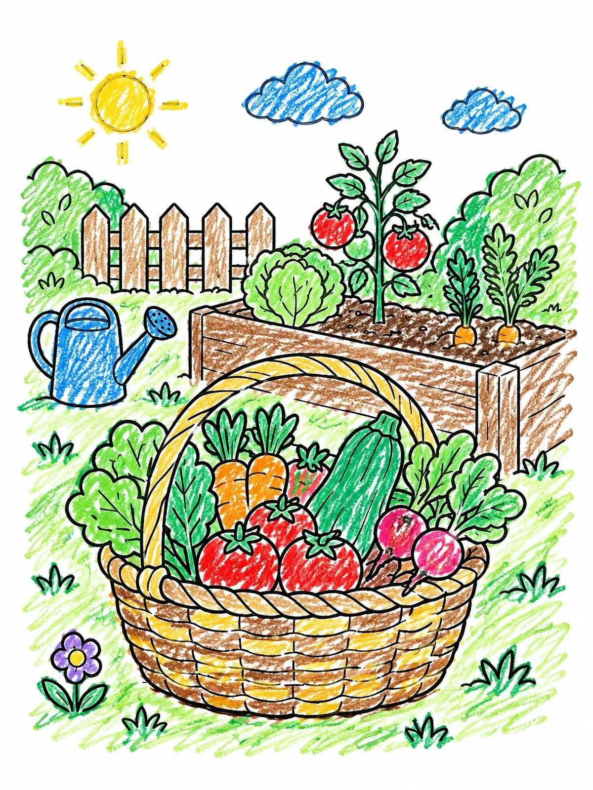 Colored example of the Garden Harvest Basket And Vegetables coloring page