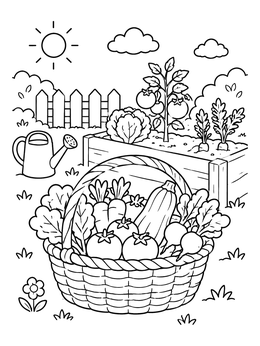 Free printable Garden Harvest Basket And Vegetables coloring page