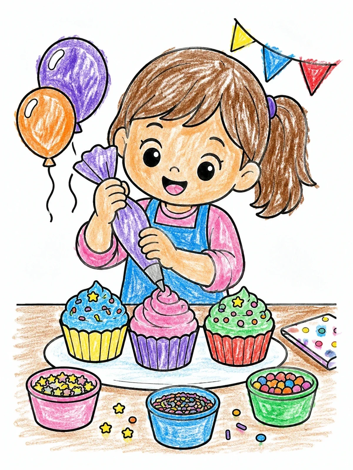 Colored example of the Girl Decorating Birthday Cupcakes coloring page