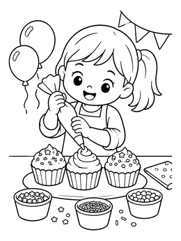 Free printable Girl Decorating Birthday Cupcakes coloring page