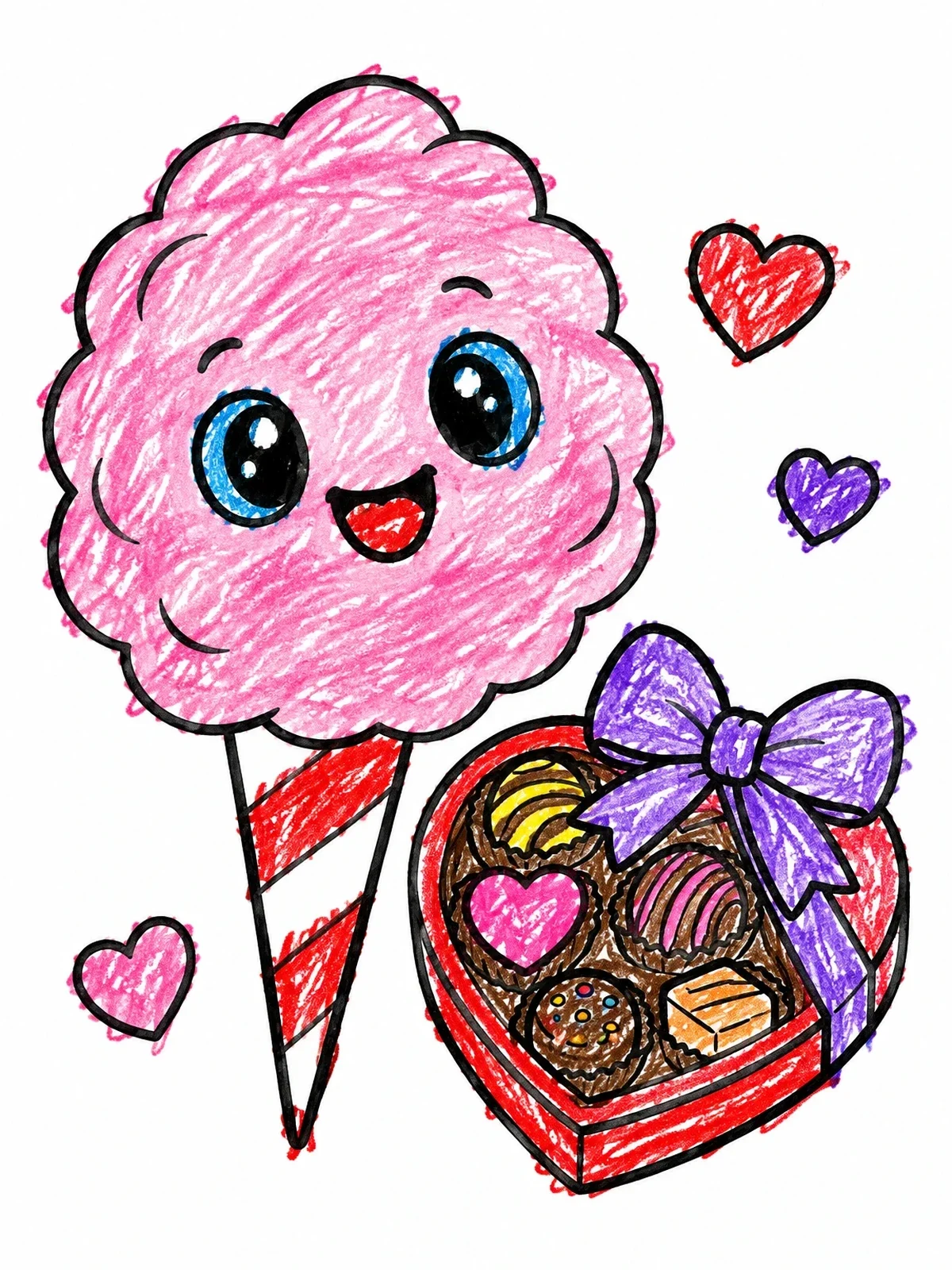 Colored example of the Happy Cotton Candy And Chocolate Box coloring page