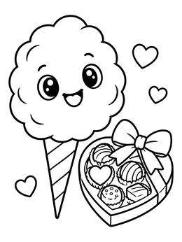 A cute food coloring page featuring happy cotton candy and a heart-shaped box of chocolates.