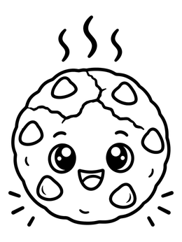 A steaming chocolate chip cookie smiles in this cute food coloring page.