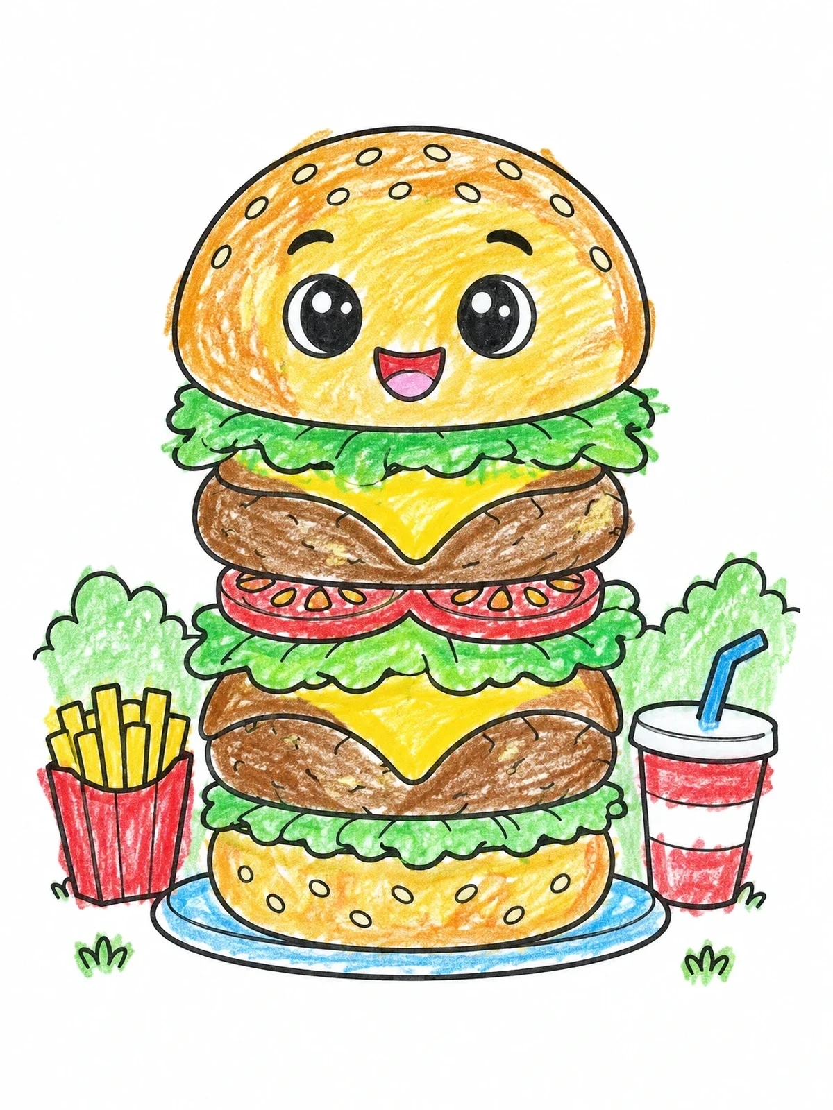 Colored example of the Happy Giant Burger Meal coloring page