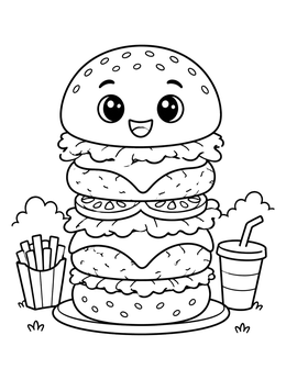 A cheerful tall burger with fries and drink on this cute food coloring page.