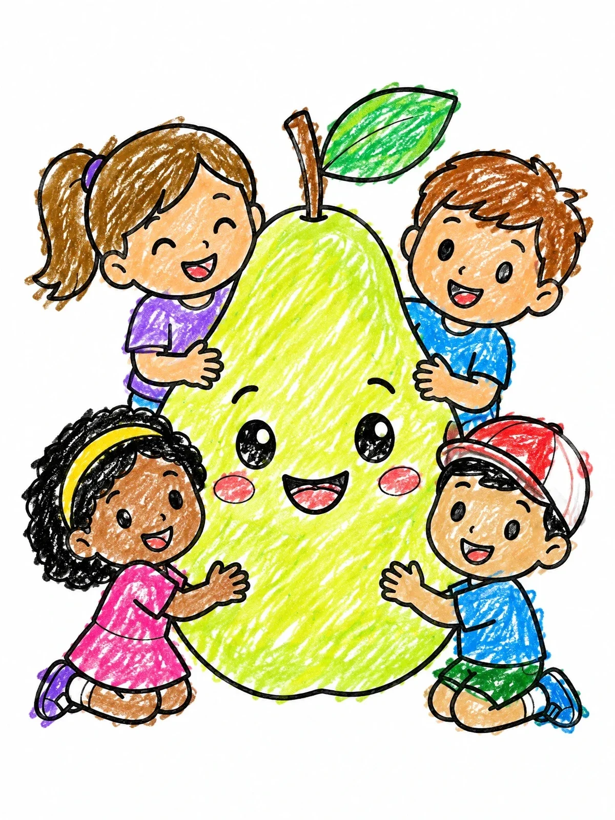 Colored example of the Happy Kids Hugging A Giant Pear coloring page
