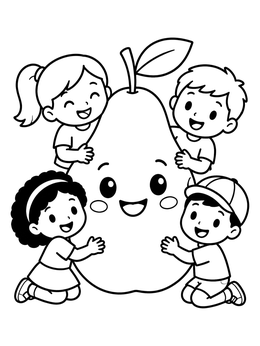 A cute food coloring page with cheerful children hugging a giant smiling pear.