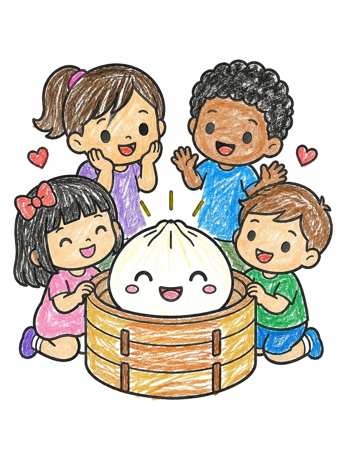 Colored example of the Happy Kids With Steamed Bao Bun coloring page