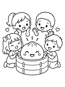 Free printable Happy Kids With Steamed Bao Bun coloring page