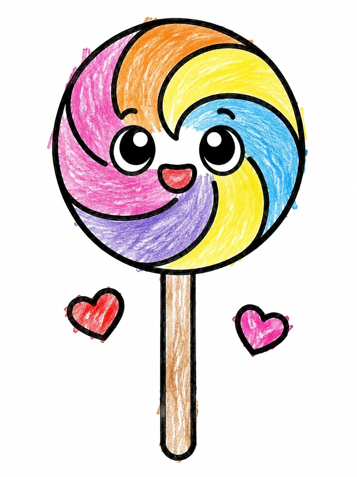 Colored example of the Happy Swirl Lollipop With Hearts coloring page