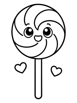 A cute food coloring page featuring a smiling swirl lollipop with two small hearts.